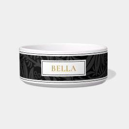 Tigela Pet Name Dourado Elegante Padrão Floral Preto