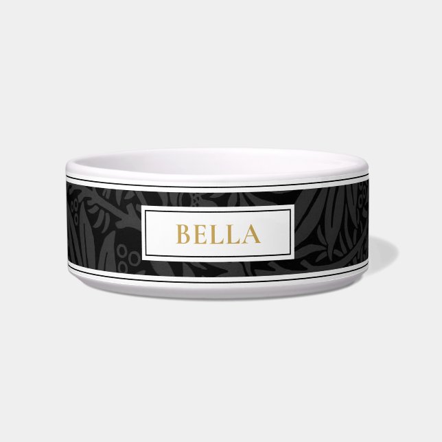 Tigela Pet Name Dourado Elegante Padrão Floral Preto (Frente)