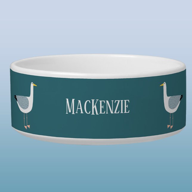 Tigela Pet Personalizado Costeiro de Seagull (Fun seagull coastal themed personalized name dog or pet bowl)