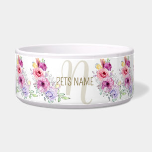 Tigela Pets Monograma Cor-de-rosa Pêssego Floral Elegante
