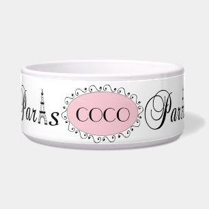 Tigela Pink Black Paris Eiffel Tower Name Dog Pet Bowl