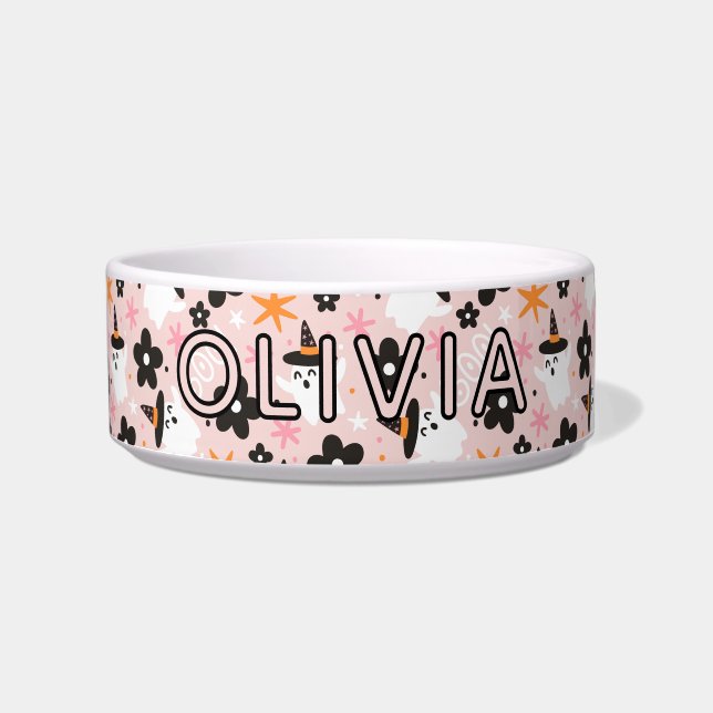 Tigela Pink Girly Ghosts Halloween Feeding Cat (Frente)