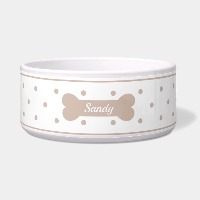 Tigela Pontos Beige em Branco com Osso de Cachorro e Nome (Frente)