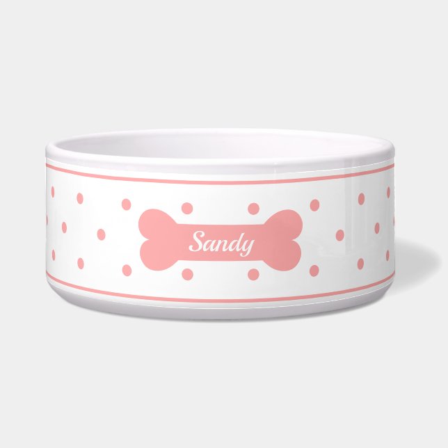 Tigela Pontos Pink Em Branco Com Osso De Cachorro & Nome (Frente)