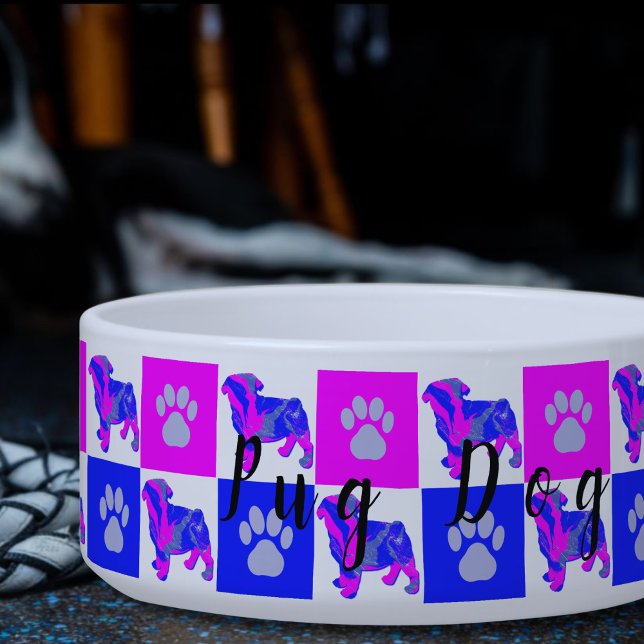 Tigela Pug Silhouette Dog & Paw Hot Pink & Blue Pet Bowl (Criador carregado)