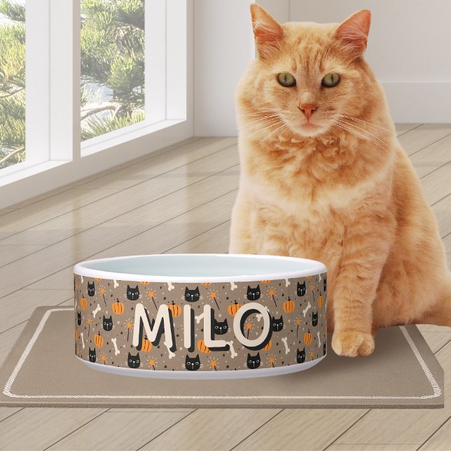 Tigela Pumpkin e Gato Preto de Halloween Personalizados e (Spooky Cute Custom Halloween Pumpkin & Black Cat Bowl)