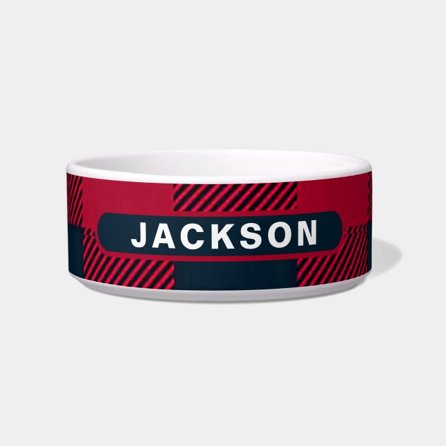 Tigela Red & Black Plaid Custom Dog Name (Frente)