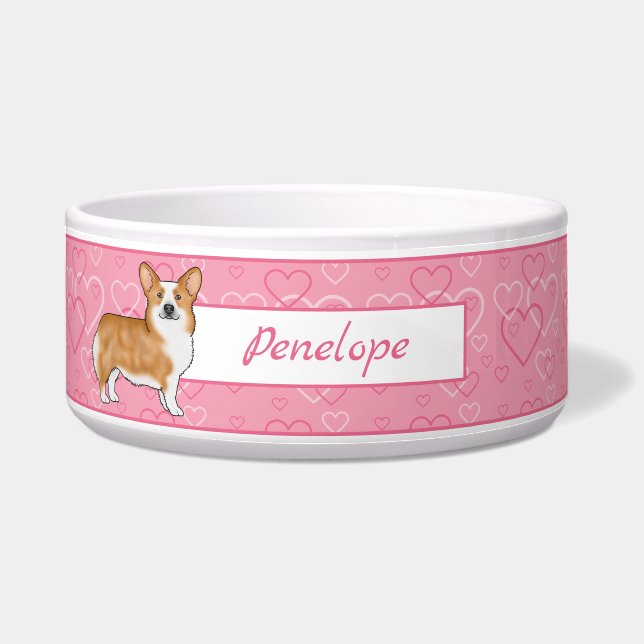 Tigela Red Pembroke Welsh Corgi Em Corações Rosa Com Nome (Frente)