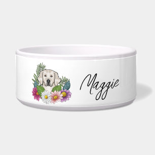 Tigela Retriever Dourado Creme Flores Coloridas E Nome