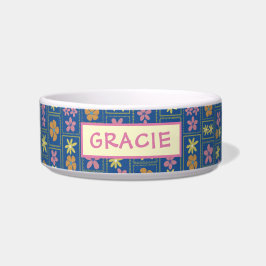 Tigela Retro Azul Floral Remendado Personalizado Cachorro