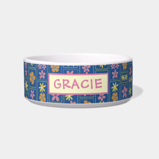 Tigela Retro Azul Floral Remendado Personalizado Cachorro