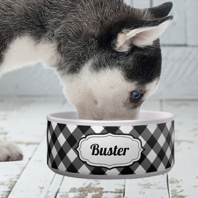 Tigela Retro Cute Black & White Gingham Check pet bowl  (personalized black and white gingham check bowl for good)
