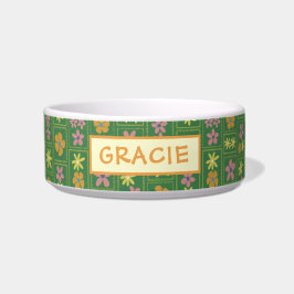 Tigela Retro Verde Floral Xadrez Personalizado Cachorro M