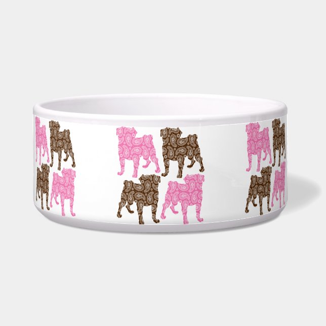 Tigela Rosa retro e Pugs de Brown Paisley (Frente)