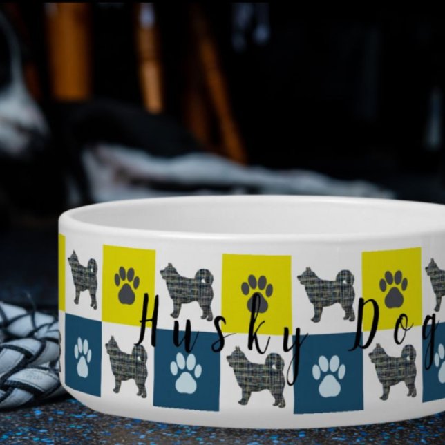 Tigela Rouco Cão e pata Amarelo e Azul Cachorro (Husky Personalised Dog Bowl)