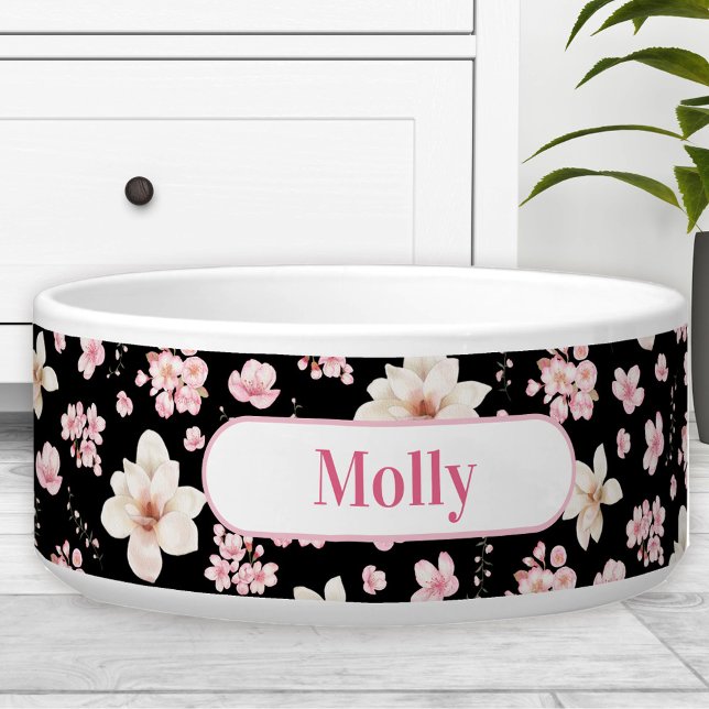 Tigela Sakura Padrão Floral Pink Negro Nome Pet Cog Bowl (Sakura Floral Pattern Black Pink Name Pet Dog Bowl)