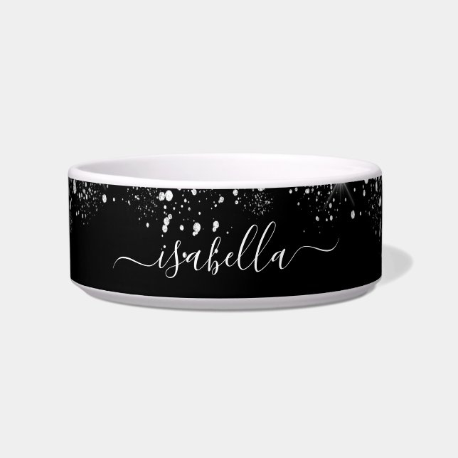Tigela Script de nome da brilho prateada preta (Frente)