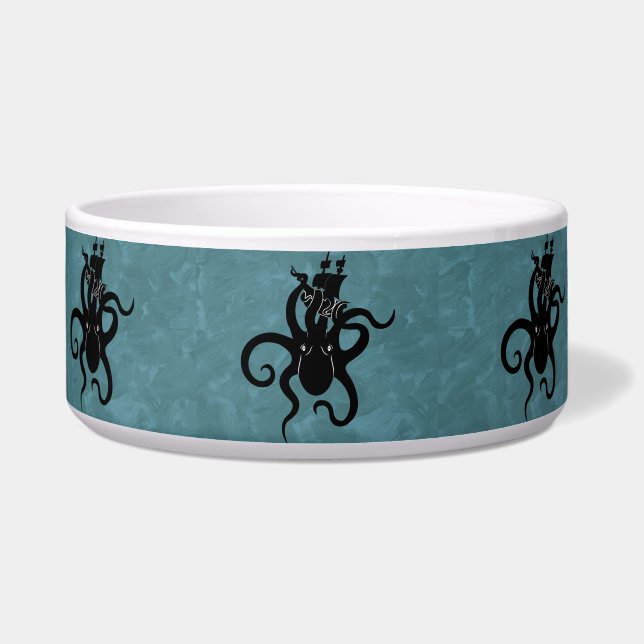 Tigela Sea Monster Blue e Black Kraken com navio (Frente)