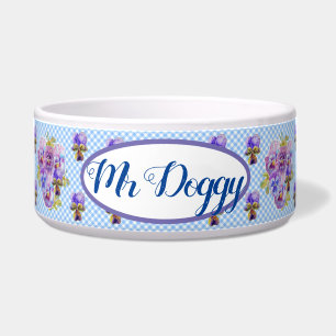 Tigela Shabby Pansy Floral Blue Gingham Flowers Cães Ret