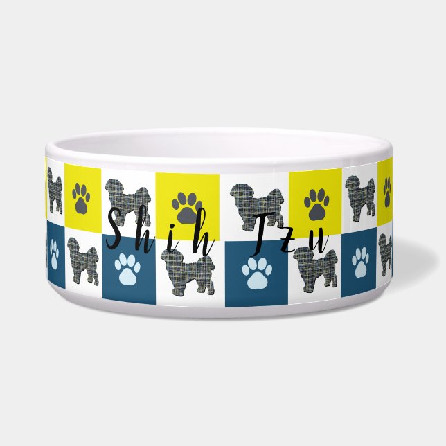 Tigela Shih Tzu Dog & Paw Print Yellow Grid Pet Bowl (Frente)