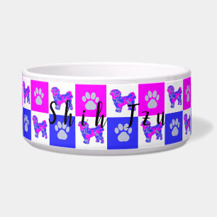 Tigela Shih Tzu Silhouette Dog & Paw Hot Pink & Blue