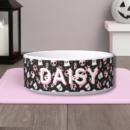 Tigela Spooky Cute Custom Name Pink & Black Halloween Dog
