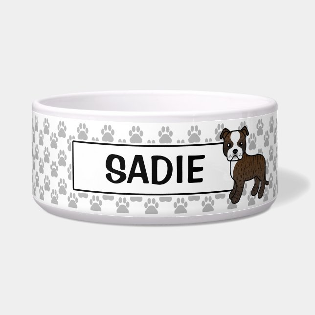 Tigela Staffie Marrom e Branco Com Nome Personalizado (Frente)