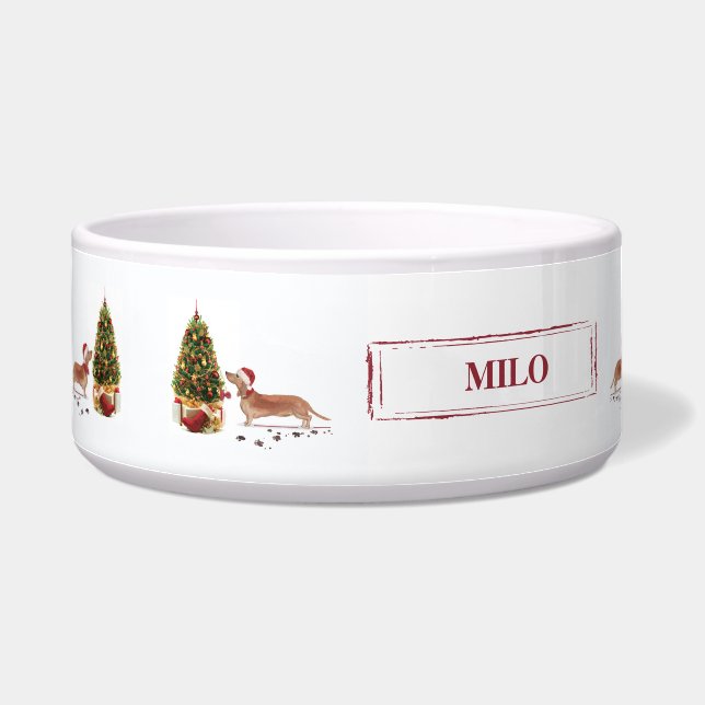 Tigela Tan Dachshund Engraçado Cachorro de Natal com Árvo (Esquerda)