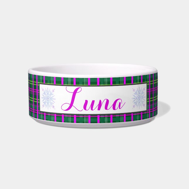 Tigela Tartan de Floco de Neve em Rosa e Verde com Nome (Frente)