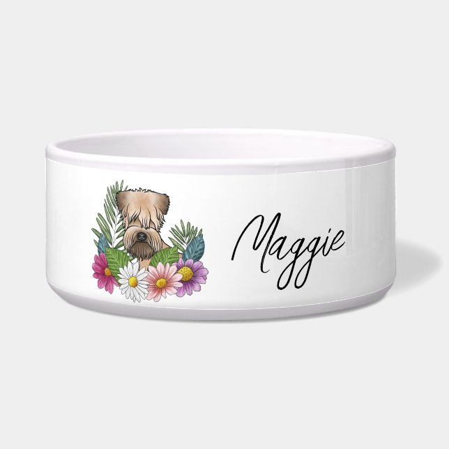 Tigela Terrier Wheaten de Capa Macia Com Flores e Nome (Frente)