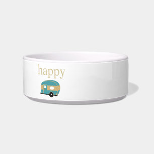 Tigela Texto Dourado para Camper Feliz com Trailer de Via