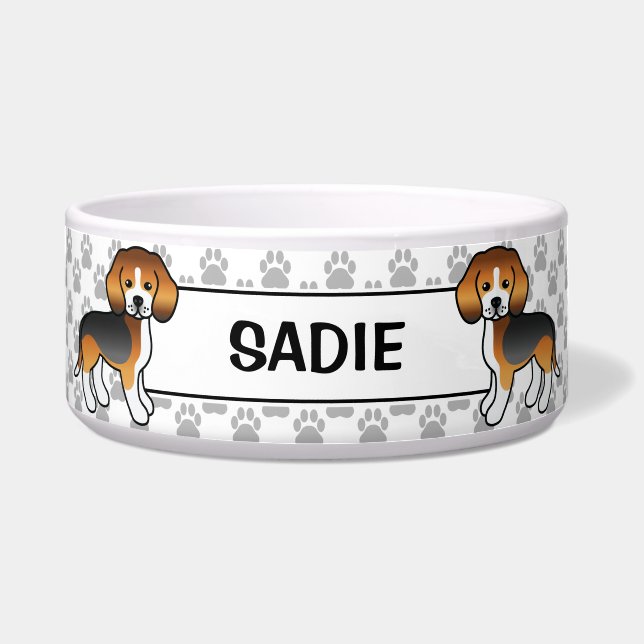 Tigela Tricolor Beagle Cute Cartoon Dog & Name (Frente)