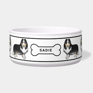 Tigela Tricolor Rough Collie Dogs Com Osso E Nome