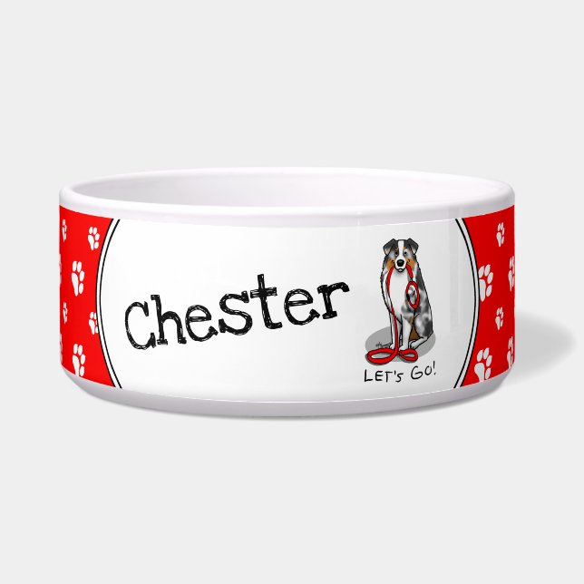 Tigela Vamos! Pastor australiano (bronzeado azul com rolh (Frente)