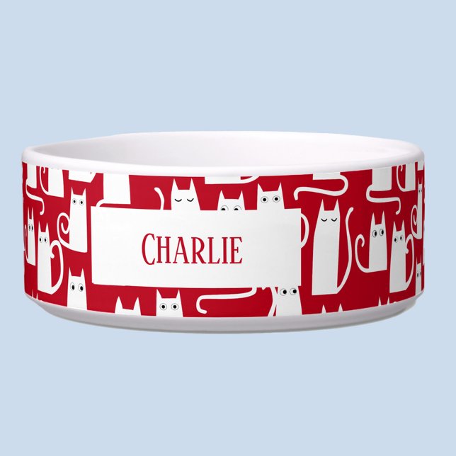Tigela Vermelho e branco de gato divertido personalizado (Red and white personalized name cat pattern pet bowl)