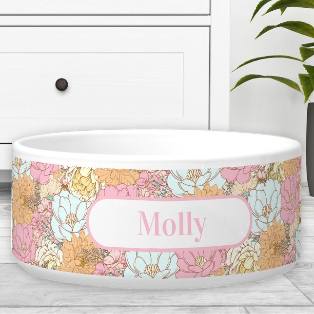 Tigela Watercolor Floral Patterno Name Pet Dog Bowl (Watercolor Floral Pattern Name Pet Dog Bowl)