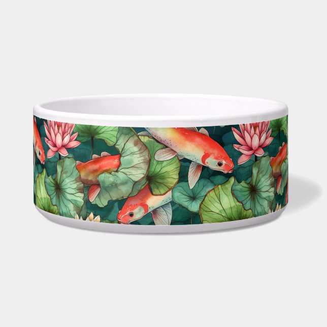 Tigela Watercolor Koi e Água Lírios Cerâmicos Pet Bowl (Frente)