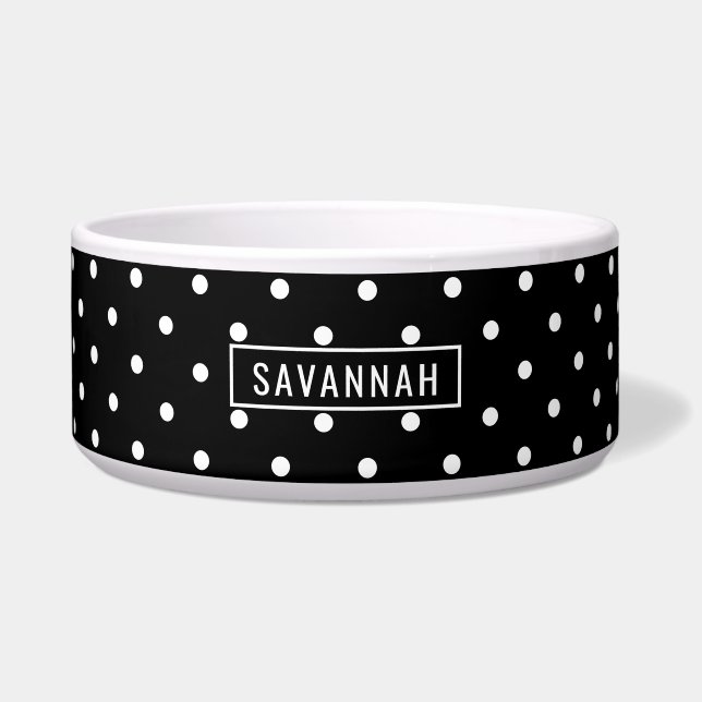 Tigela White On Black Polka Dots Pattern With Custom Name (Frente)