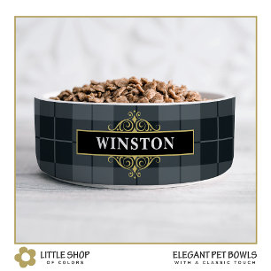 Tigela Xadrez Dourada de Tartan Preta Personalizada