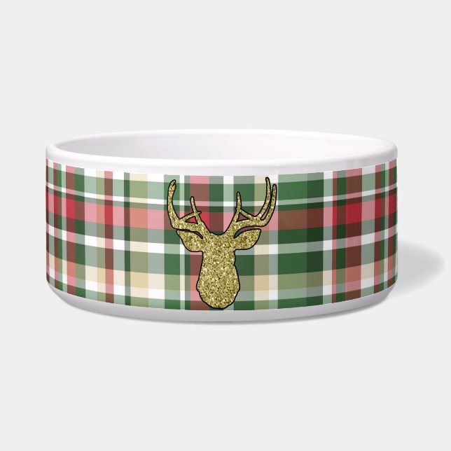 Tigela Xadrez XMAS de Natal Tartan Dourado Deer Pet Bowl (Frente)