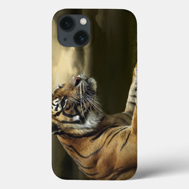 Tigre que olha e que senta-se sob o céu dramático (Verso)