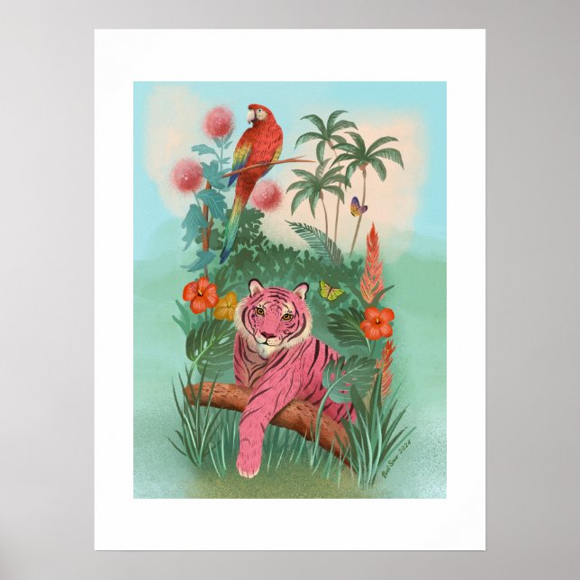 Tigre rosa e Impressão de Arte Tropical Grande (Frente)