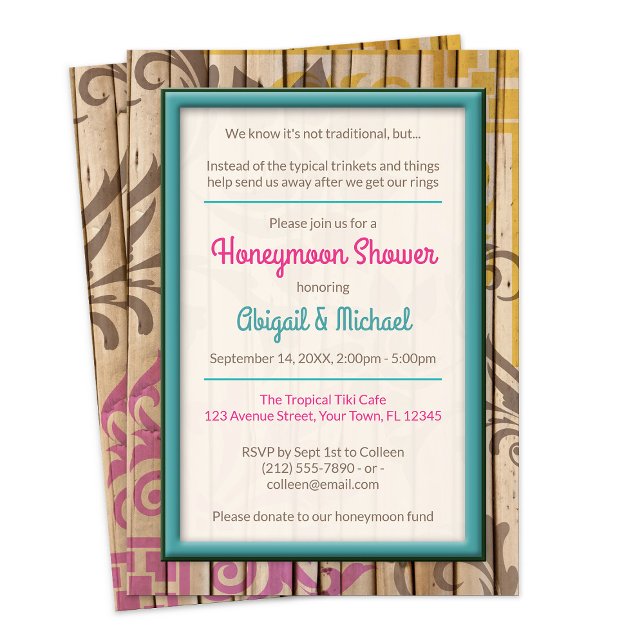 Tiki Tropical Madeira Alma de mel Convites a Chás (Tropical Tiki Wood Honeymoon Shower Invitations from Starzraven on Zazzle. )