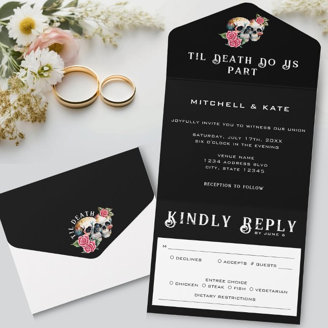Til Death Nos Parte Skulls & Rosa Black Wedding (Til Death Do Us Part Skulls & Roses Black Wedding All In One Invitation)