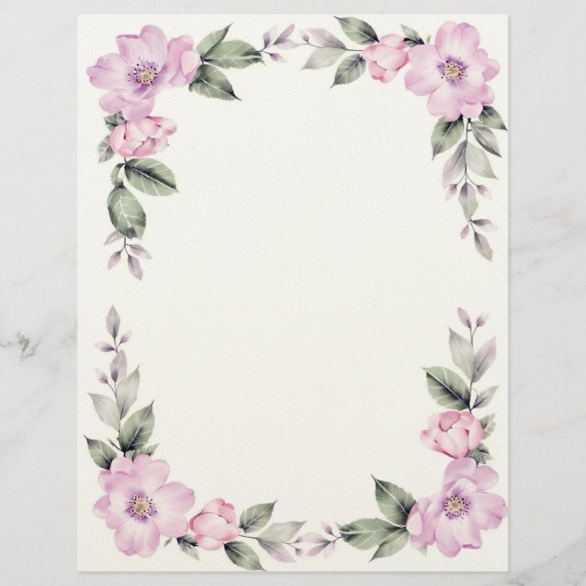 Timbrado Papel de Escritório com Borda Floral Rosa Pálido (Frente)