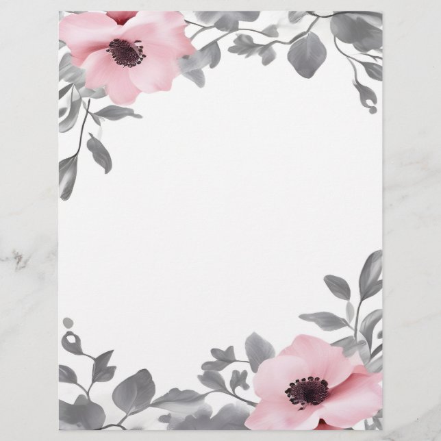 Timbrado Papel de Papelaria com Flores Rosa e Acentos Cinza (Frente)