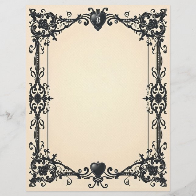 Timbrado Papel de Papelaria Coração Preto Gótico (Frente)