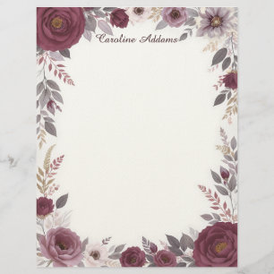 Timbrado Papel de papelaria floral burgundy e cinza