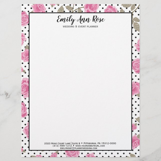 Timbrado Roses Rosa Girly Script Girly Floral Papel de cart (Frente)