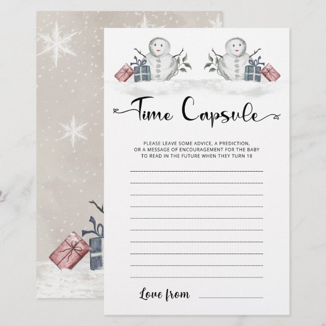 Time Capule Snowman - Jogo de Chá de fraldas (Frente/Verso)